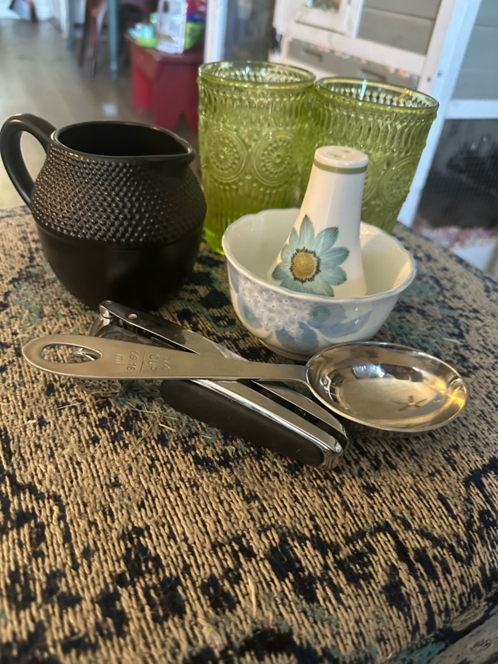 Vintage Floral Ceramic stuff  with Green Glass Tumblers and miscellaneous items